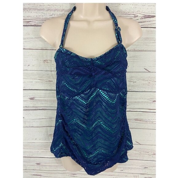 Island Escape Women's Swimsuit Top Size 14 Twist Bandini Crochet Navy Aqua NWT - Picture 3 of 9